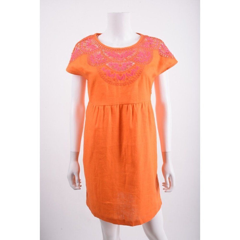 Boden Womens Fleur Embroidered Linen Dress UK 8P US 4P Petite Orange NWT